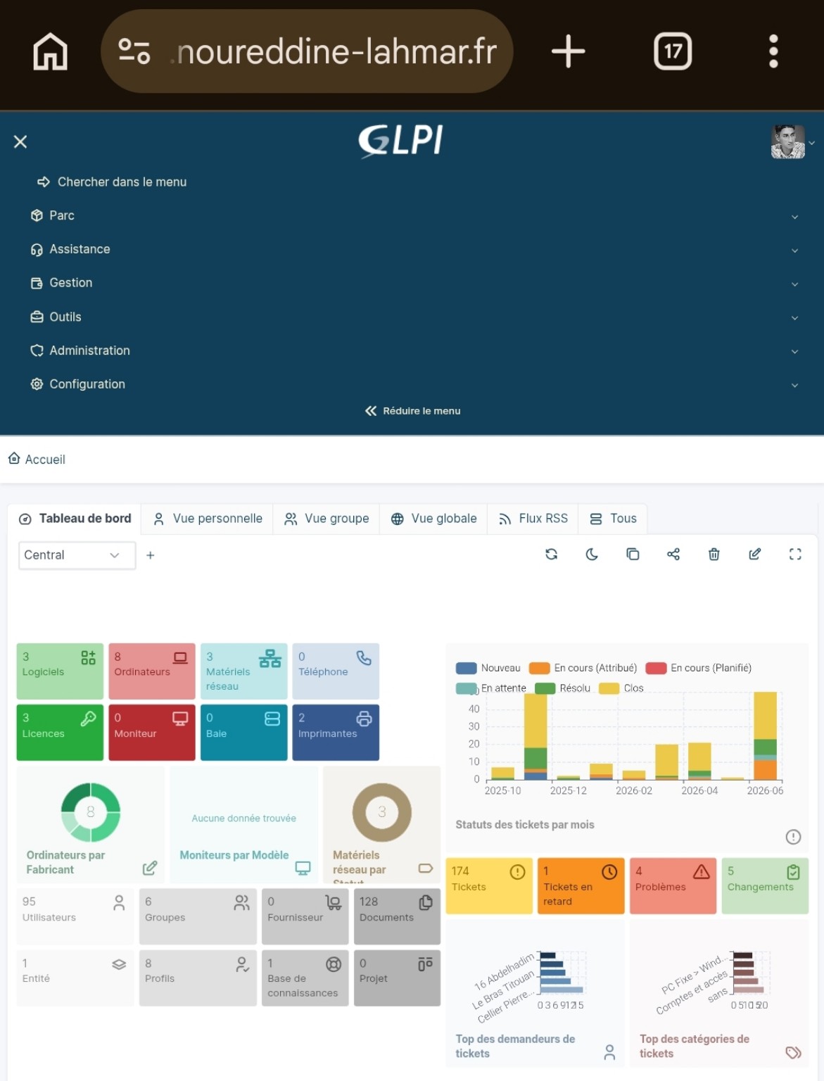 Serveur GLPI pédagogique auto-hébergé accessible sur glpi.noureddine-lahmar.fr